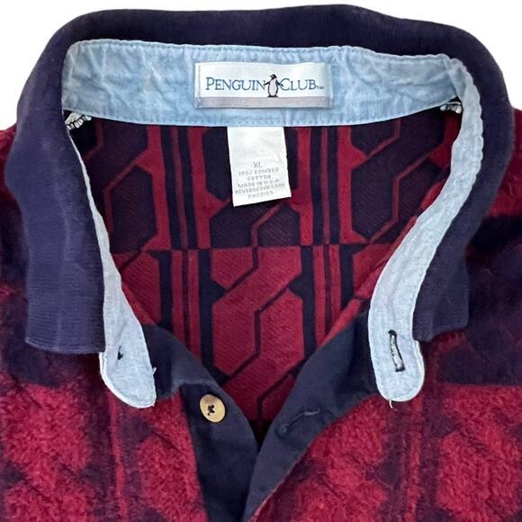 Vtg '90s Penguin Club Burgundy & Blue All Over Design Long Sleeve Polo Shirt XL - Picture 4 of 9